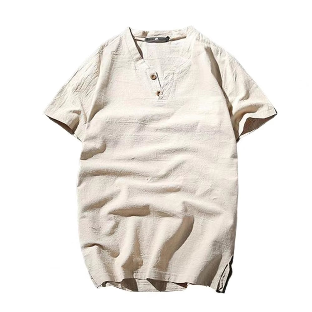 Fashion Men'S Linen T-Shirt Short Sleeves V Neck Button Solid Color Slim Fit Summer Casual Short Male Tee Shirt Top