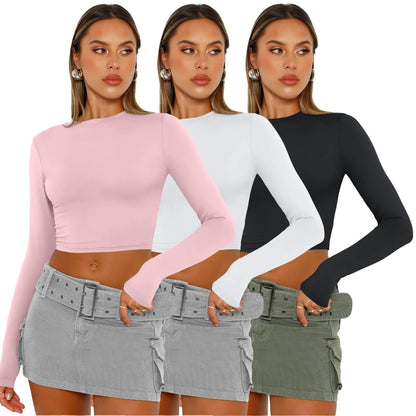 AUTOMET 3 Pack Womens Long Sleeve Shirts Y2K Going Out Crop Tops Cute Basic Slim Fitted Fall Fashion Outfits 2024 Clothes Medium Pinkwhiteblack