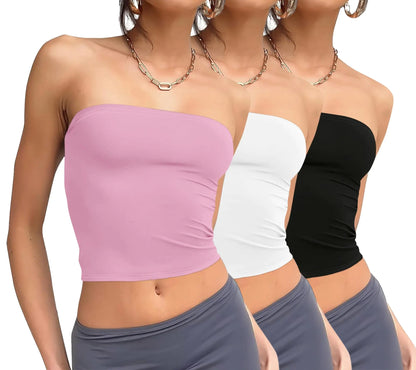 WIHOLL 3 Pack Tube Tops for Women Slim Fit Crop Tops Going Out Strapless Tank Tops Bandeau Summer Outfits 2024 Y2K Clothes 3 Pack Black/White/Pink Small