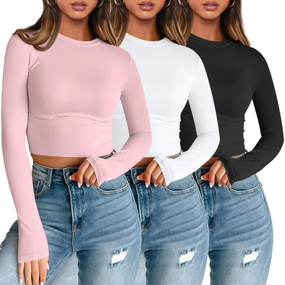 AUTOMET 3 Pack Womens Long Sleeve Shirts Y2K Going Out Crop Tops Cute Basic Slim Fitted Fall Fashion Outfits 2024 Clothes Medium Pinkwhiteblack