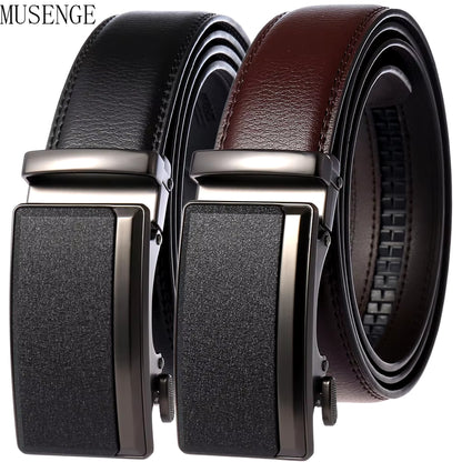 Men'S Belts Cowhide High Quality Metal Auto Buckle Gray Business Waist Strap Male Brown Ratchet Belt for Men Leather Straps