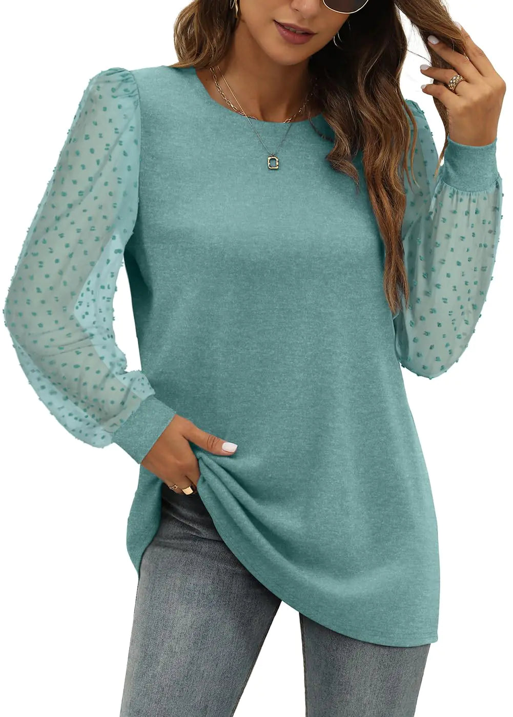 WIHOLL Long Sleeve Shirts for Women Tops Tunic Fall Trendy Crew Neck Clothes Cadetblue Large