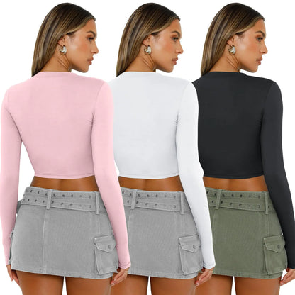 AUTOMET 3 Pack Womens Long Sleeve Shirts Y2K Going Out Crop Tops Cute Basic Slim Fitted Fall Fashion Outfits 2024 Clothes Medium Pinkwhiteblack